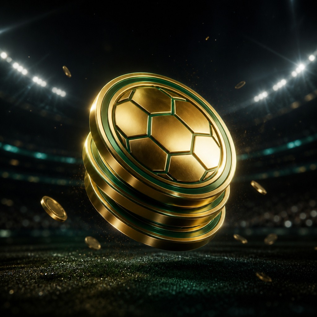 Premium złote coinsy FC unoszące się nad stadionową scenerią