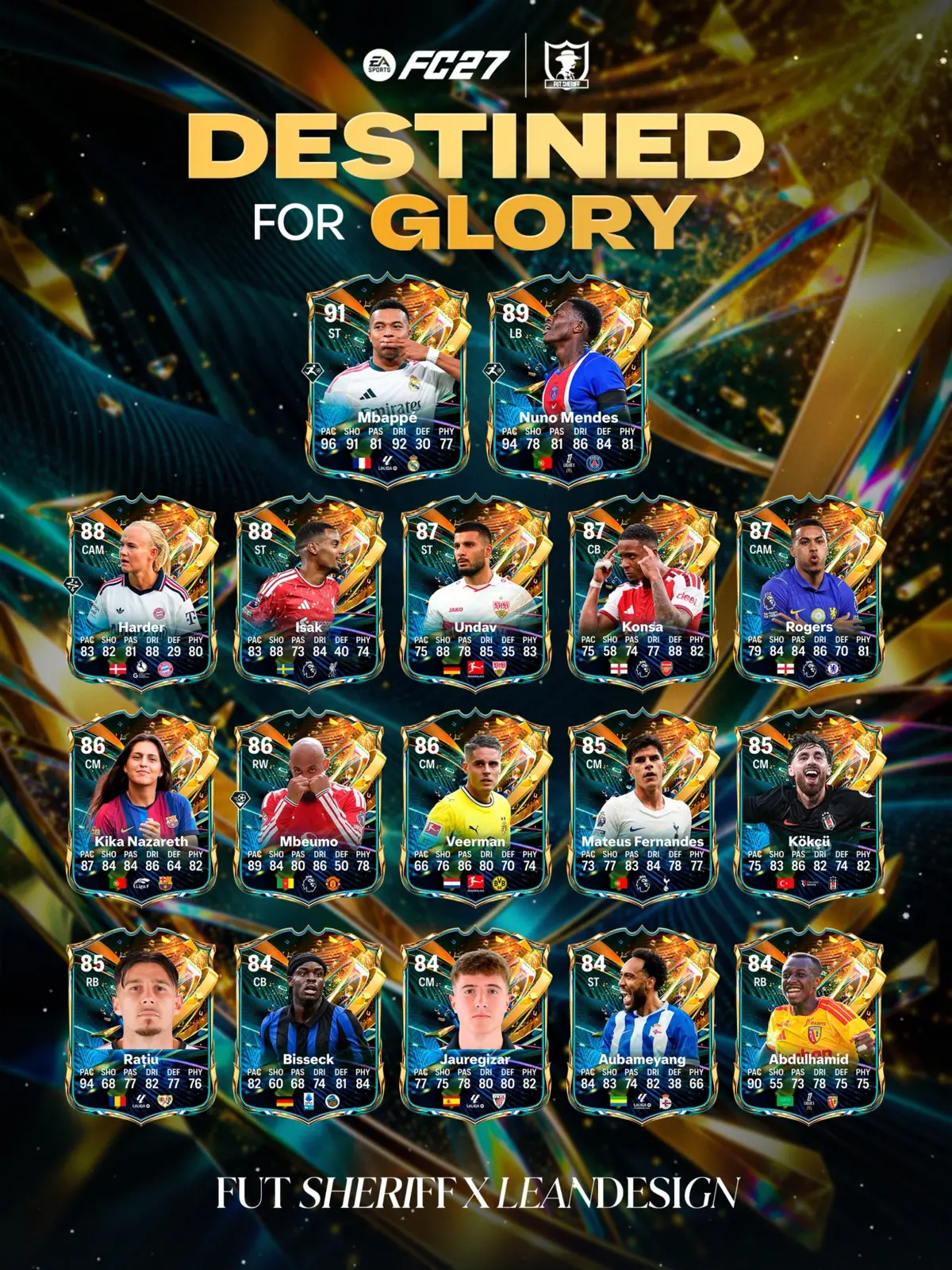Przeciek składu Destined for Glory w EA SPORTS FC 27 z kartami specjalnymi, między innymi Mbappé i Nuno Mendesa