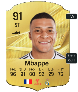 Illustrative gold Mbappé card, 91 overall, striker. Presentation only, not an official rating.
